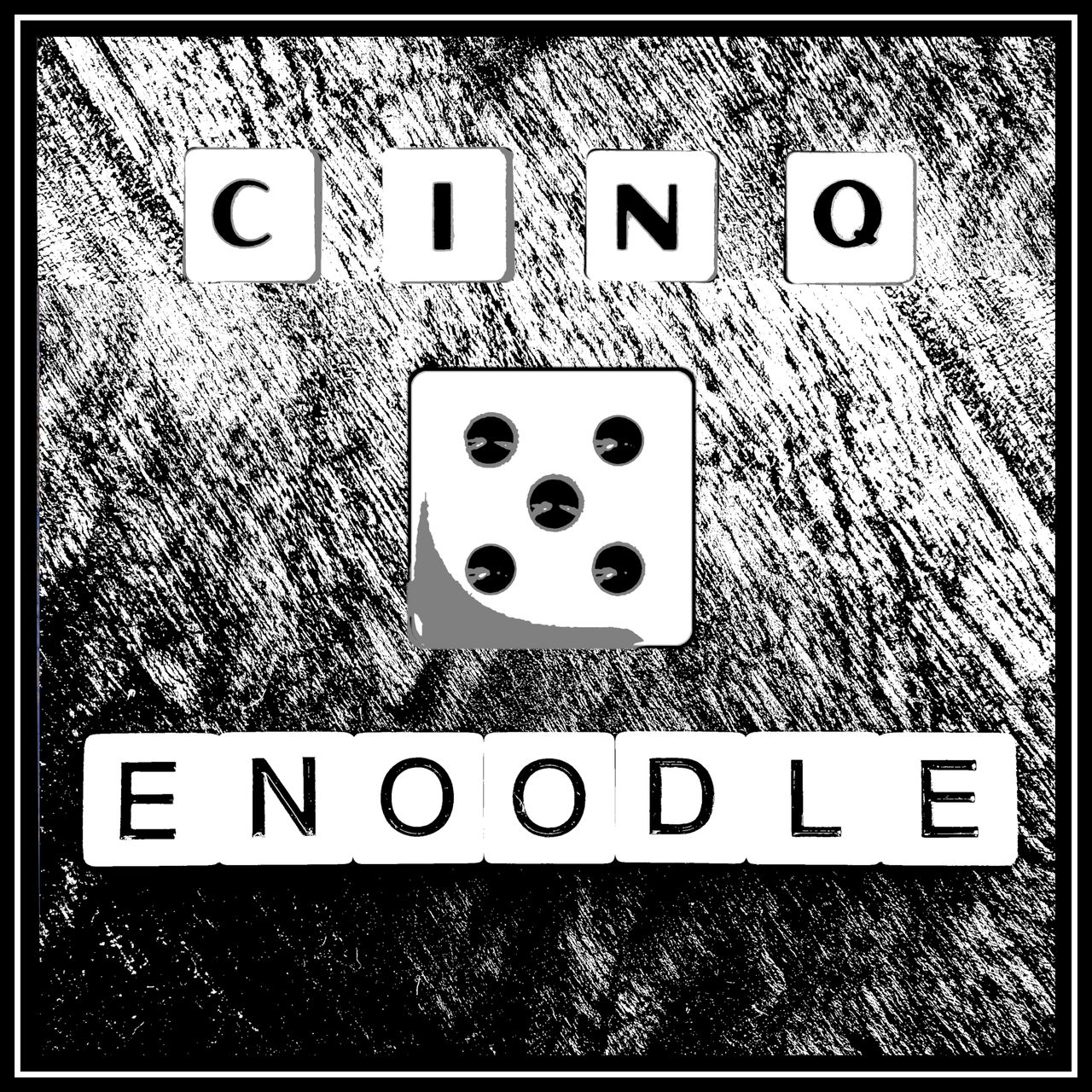 cinq release cover. high contrast wood grain with large die on side five and game pieces spelling titles.