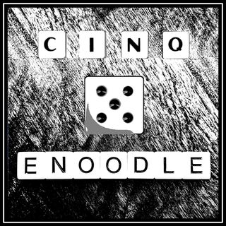 cinq release cover. high contrast wood grain with large die on side five and game pieces spelling titles.