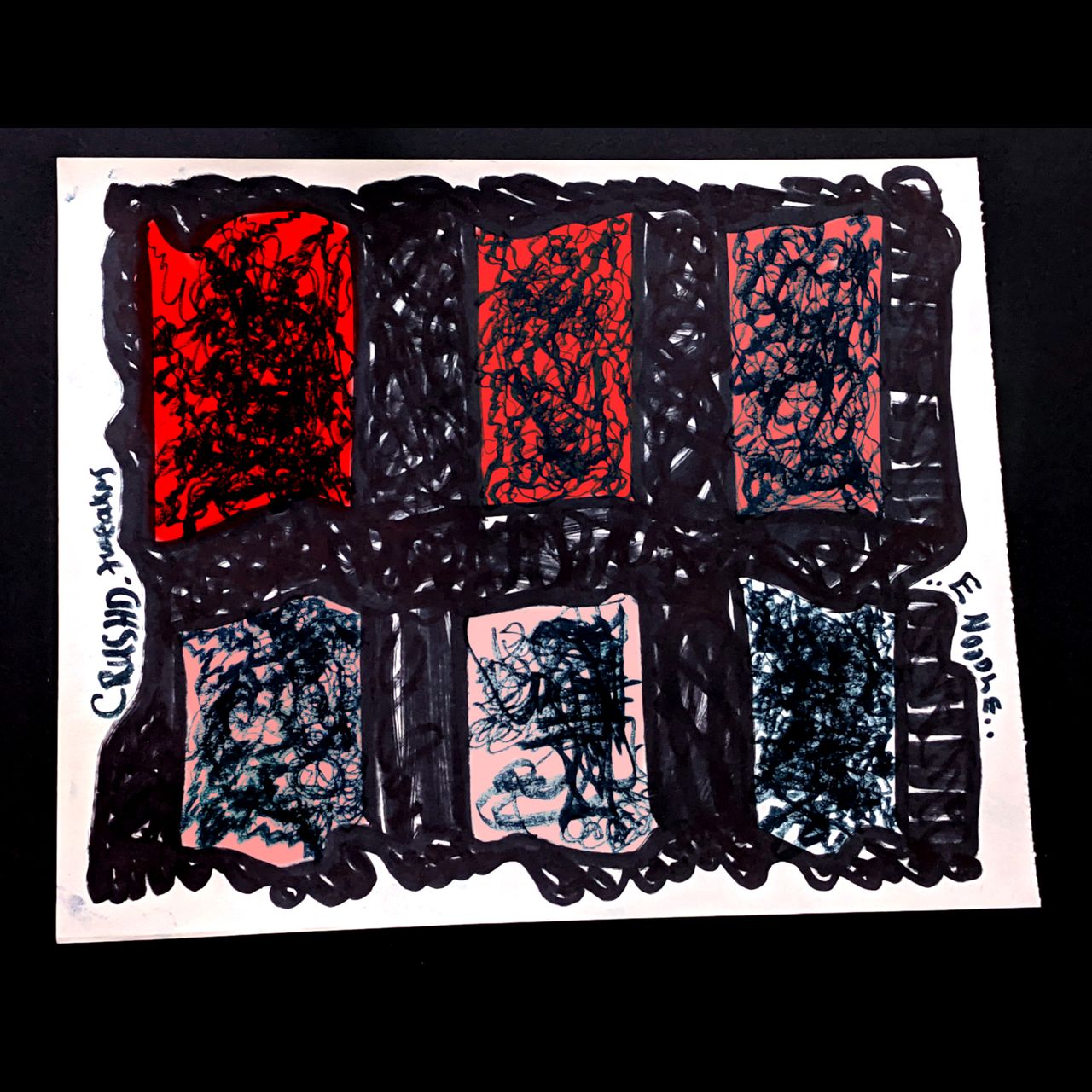 crushed tweakers release cover. marker scribblings with six panels of red fading into white.