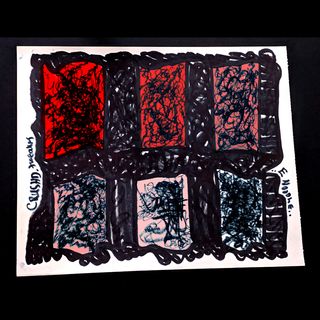 crushed tweakers release cover. marker scribblings with six panels of red fading into white.