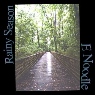rainy season release cover. wet, wooden, winter boardwalk bridge.
