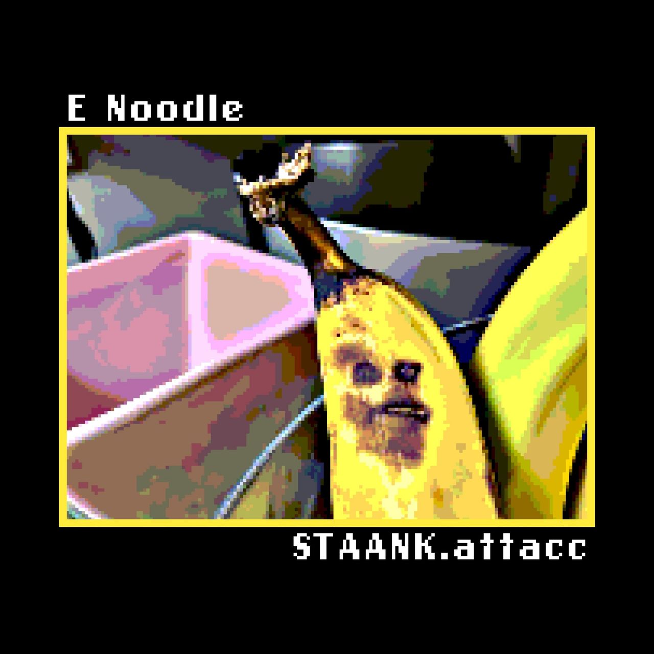 stank attack release cover. pixelated, bruised, banana face.