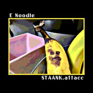 stank attack release cover. pixelated, bruised, banana face.